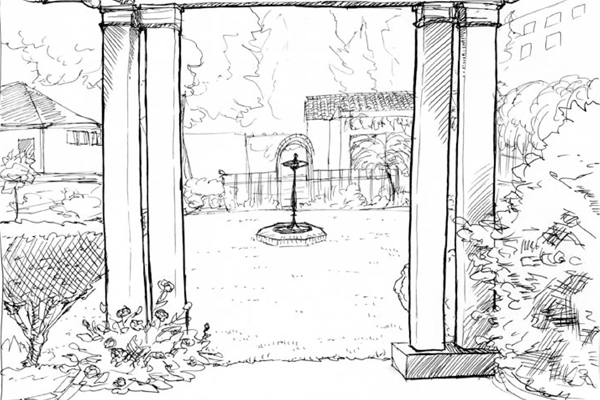 View looking north and through the front pergola of the birdbath and rear pergola, Meyers House and Garden, Alameda, CA image: drawn by Mollie Sitzer