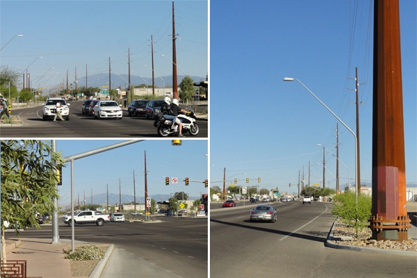 Figure 3: The Grant and Oracle Intersection. The first phase in the City of Tucson Grant Road Improvement Project, a 5-mile project advertised in the Design Concept Report as a “state of the art, multi-modal transportation corridor,” using a context sensitive approach. Utility poles are not shown in the cross sections in the Design Concept Report. image: Ellen Alster