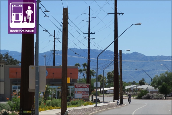 Figure 1: Broadway Boulevard and Wilmot Road in a busy commercial area of central Tucson, AZ. View to Rincon Mountains. image: Ellen Alster