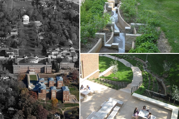 The UVA South Lawn project utilized advances in engineering to increase the performance of campus infrastructure. This landscape builds onto the iconic ceremonial lawn to incorporate transportation, recreation, social interaction, and ecological functionality. image: Katharyn Hurd, Andrew Sullivan