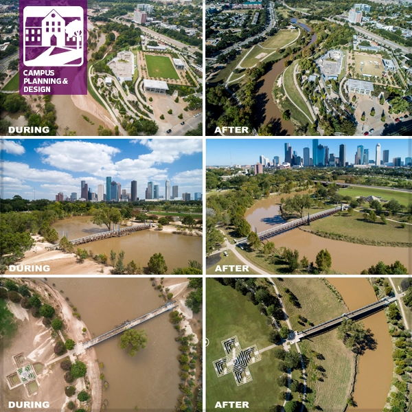 Aerial photos of Buffalo Bayou Park in Houston