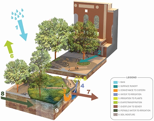Shoemaker Green's water balance diagram, showing the site's urban water cycle. Photo credit: Andropogon Associates