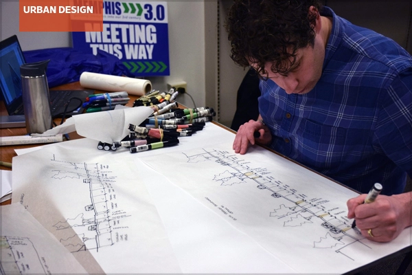 Landscape architect Daniel Ashworth working on street cross sections