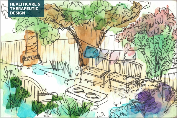 Watercolor sketch of a hospital's therapeutic garden
