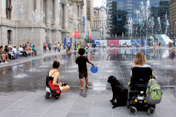 Dilworth Park’s signature fully accessible and flexible scrim fountain is a nod to the historic Centre Square’s former use as Philadelphia’s first waterworks and public fountain.