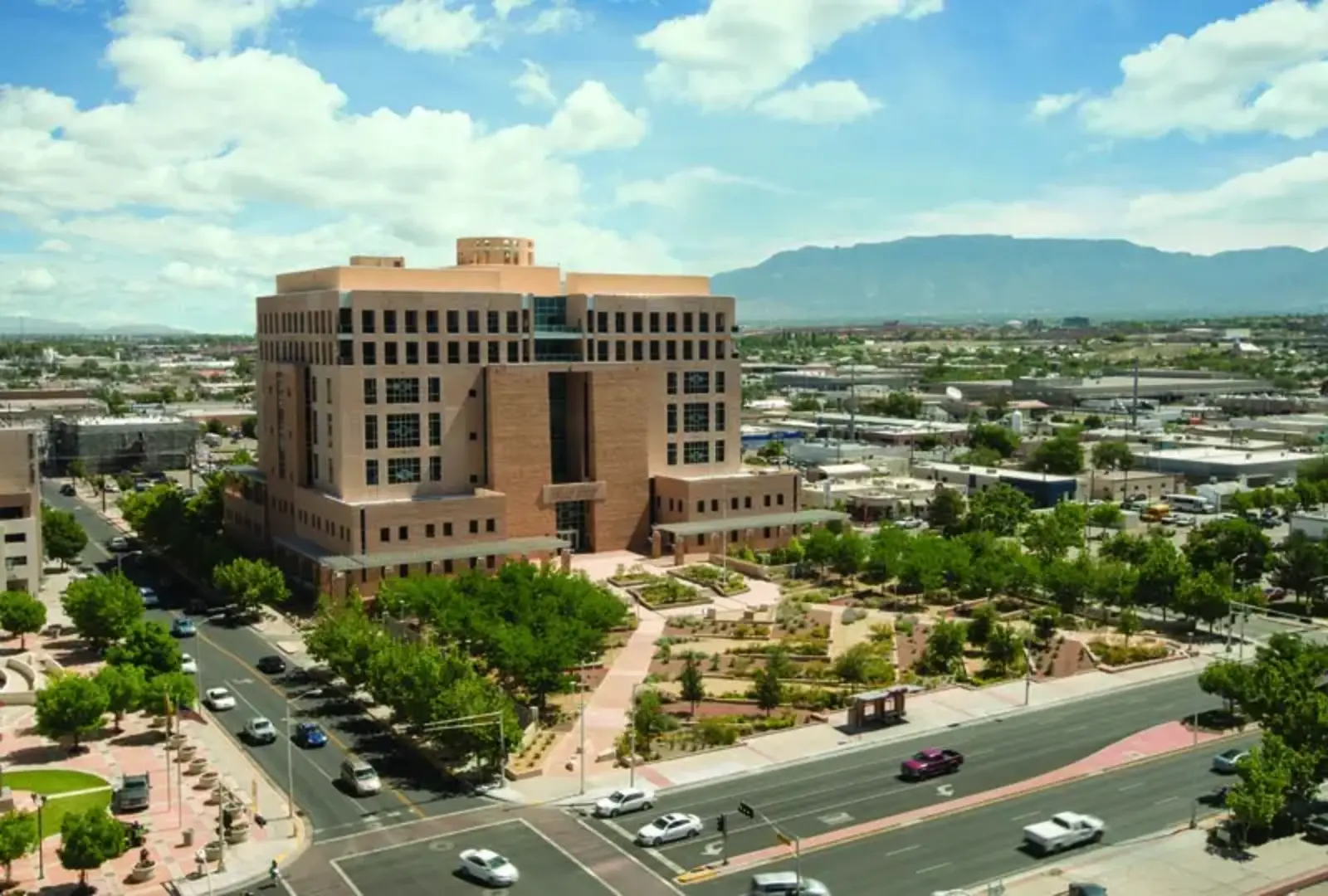The Pete V. Domenici Federal Courthouse in Albuquerque, New Mexico. The site employs the ancient tradition of harvesting rainwater for irrigation by using a system based on Pueblo drainage canals cal