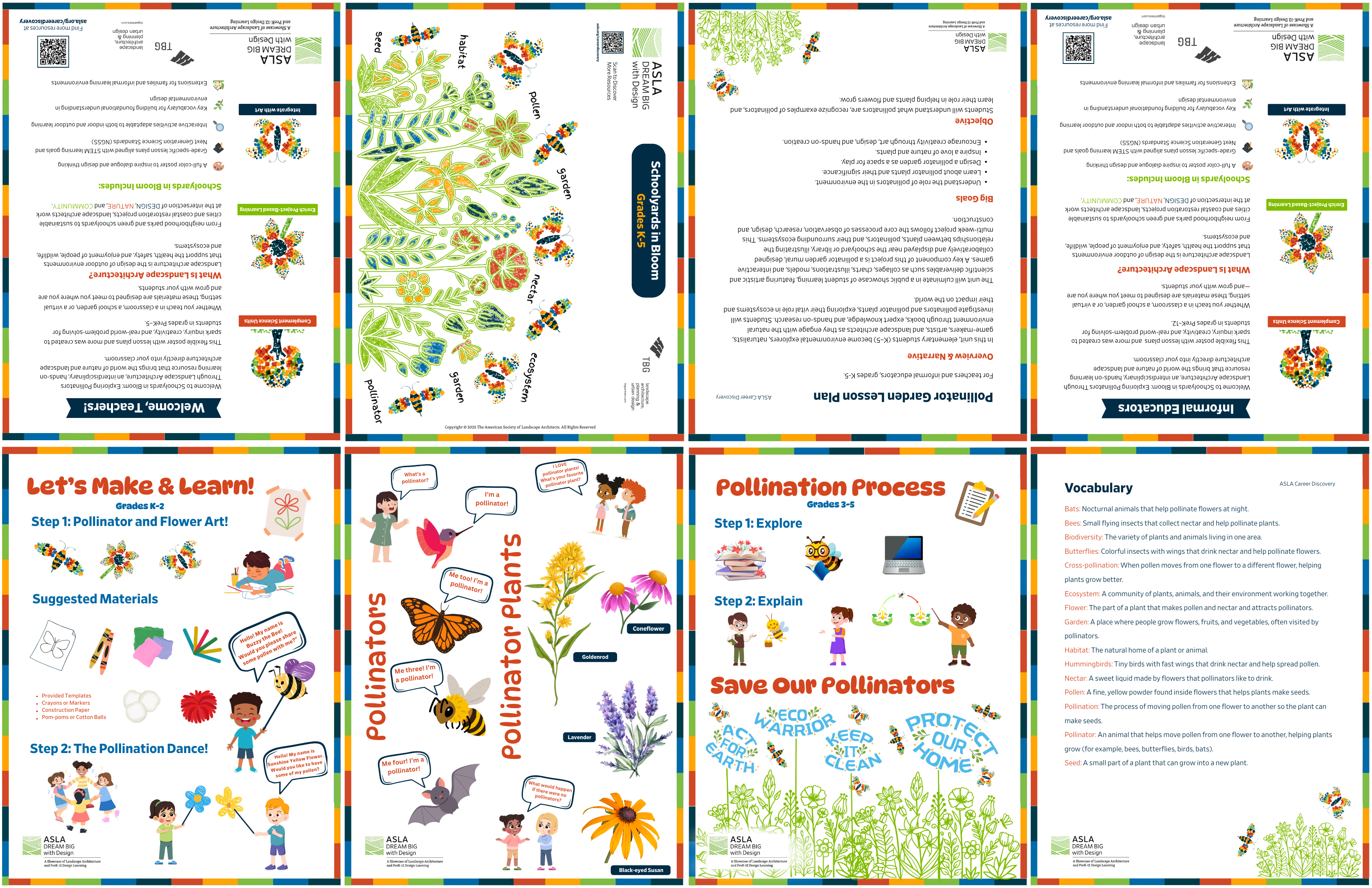 ASLA pollinator poster back: 8-page layout with activities, vocabulary, and pollination process content.