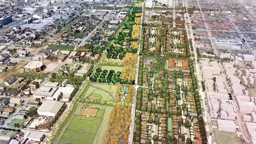 Aerial drawing of the reimagined brownfield site known as the Lafitte Greenway
