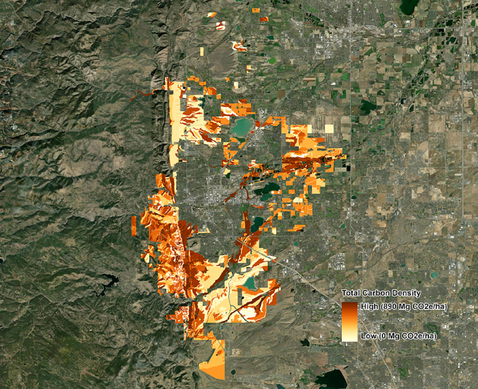 Map illustrates areas with the greatest carbon density based on soils and landcover. Biohabitats. City of Boulder Open Space and Mountain Parks. Sustainability Solutions Group / Biohabitats