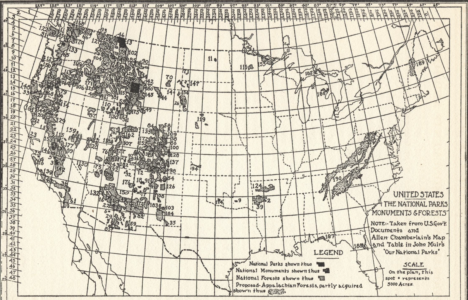 1916 map of National Parks, Monuments and Forests compiled by Warren H. Manning Warren H. Manning, 1916. Public Domain.