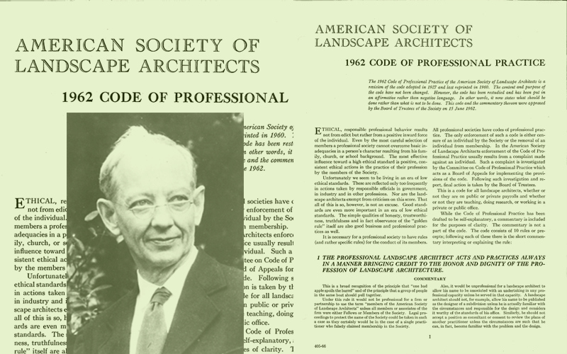 Frederick Law Olmsted, Jr. pictured with the 1962 ASLA Code of Professional Ethics