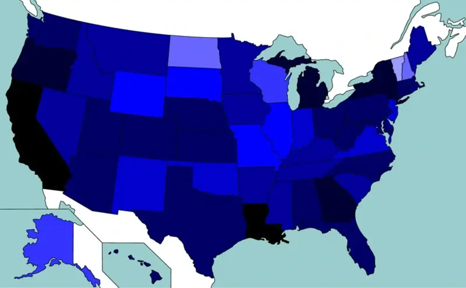 A map showing when each state started requiring landscape architects to be licensed. States with lighter colors adopted licensure more recently. Modified from a map by Traselu. Licensed under the Crea